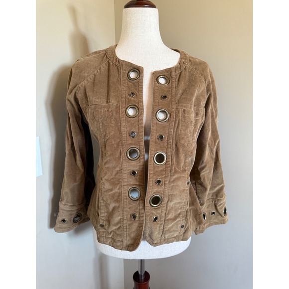 ICNL Corduroy Jacket Grommet Embellished Three Quarter Sleeve Brown Size PS - Picture 1 of 4